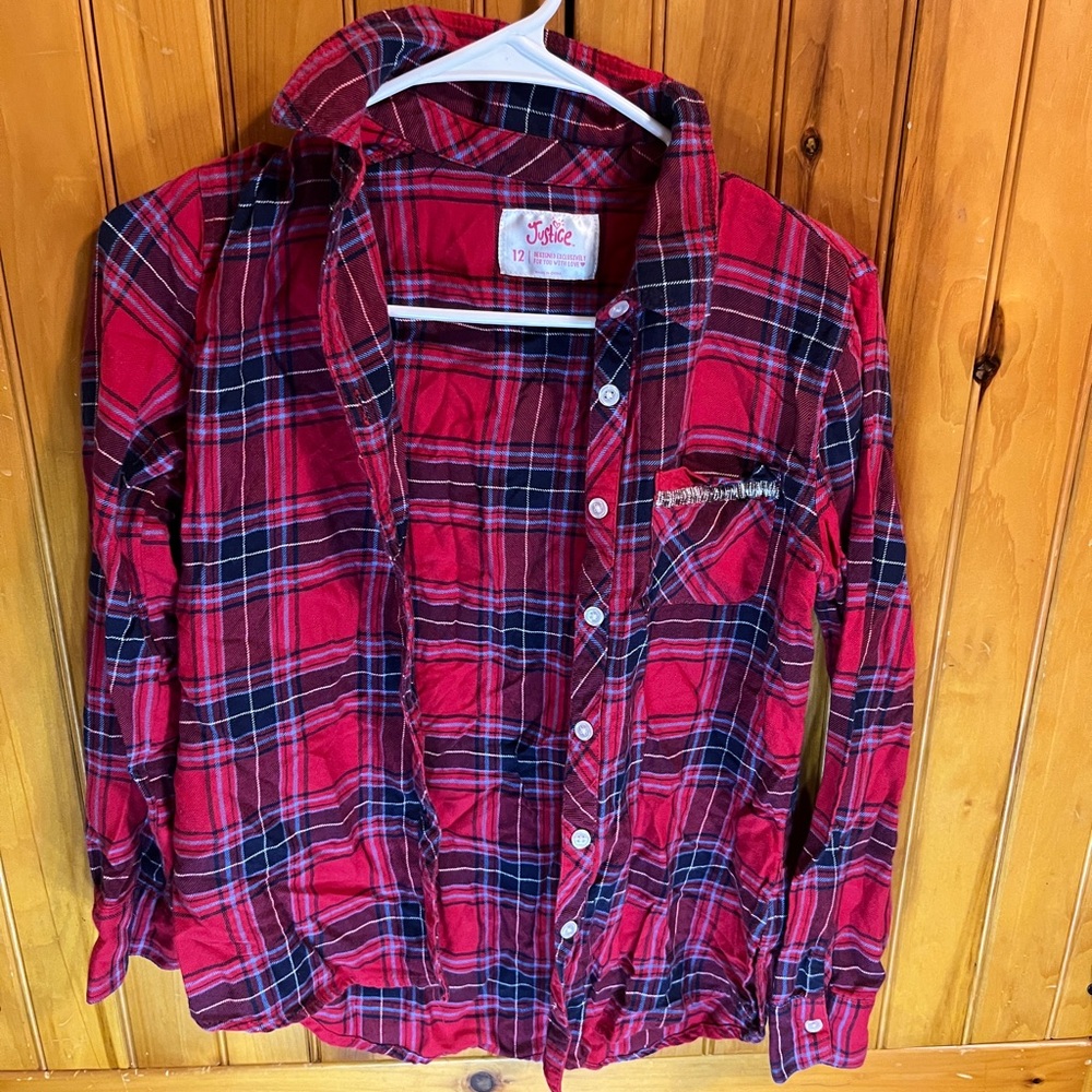 JUSTICE Red Plaid Button Down Long Sleeve